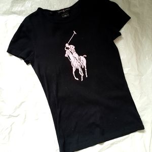 Ralph Lauren Women's Black & Pink Logo Short Sleeves Tshirt Tee Size L 170/92A